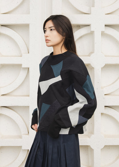The Canopy Sweater in Black & Blue Scrapwork Cotton