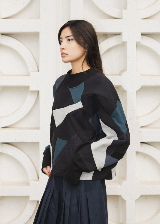 The Canopy Sweater in Black & Blue Scrapwork Cotton