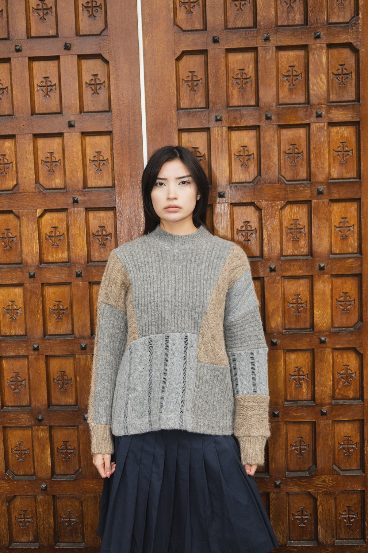 The Slack Sweater in Patchwork Wool Grey & Brown