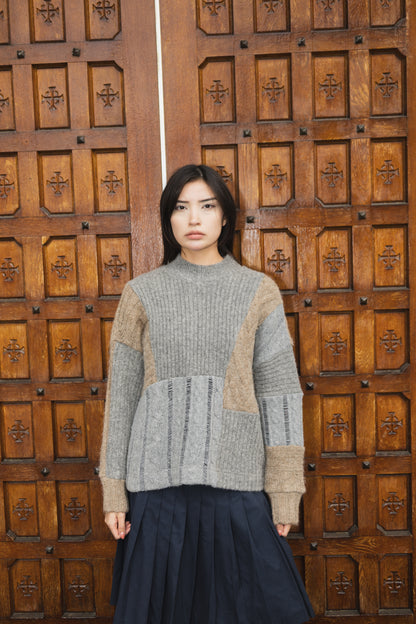 The Slack Sweater in Patchwork Wool Grey & Brown