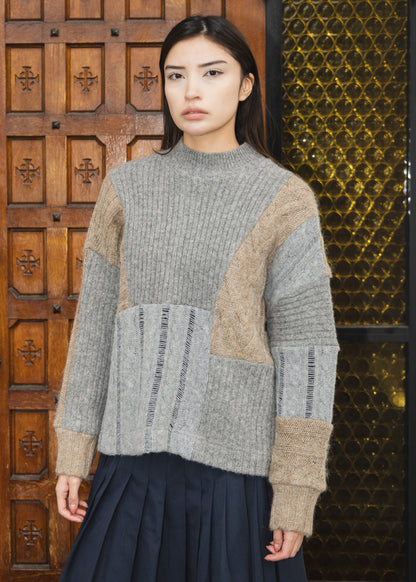 The Slack Sweater in Patchwork Wool Grey & Brown