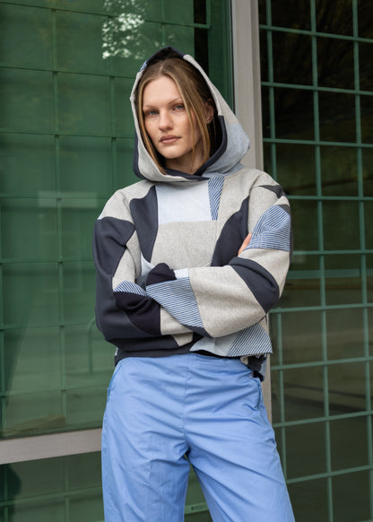 Grey Multi Scrapwork Cropped Hoodie – Cotton Mix, Size L