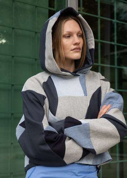 Grey Multi Scrapwork Cropped Hoodie – Cotton Mix, Size L