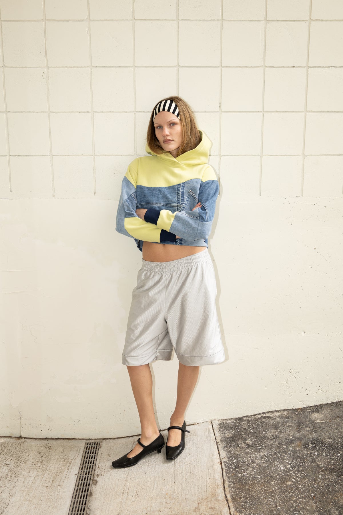 Key Lime & Blue Denim Patchwork Cropped Hoodie – Cotton Mix, Size S