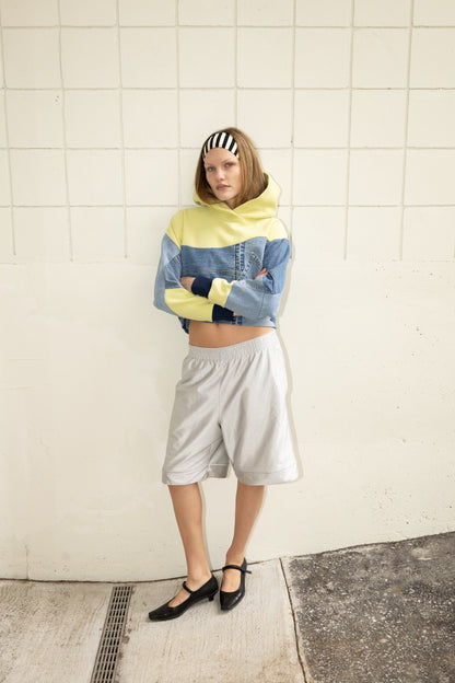Key Lime & Blue Denim Patchwork Cropped Hoodie – Cotton Mix, Size S