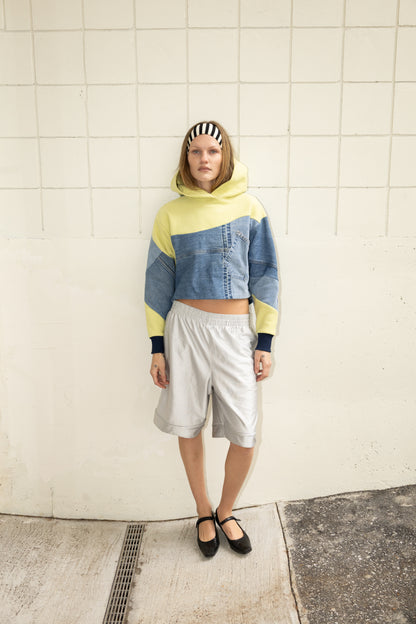 Key Lime & Blue Denim Patchwork Cropped Hoodie – Cotton Mix, Size S