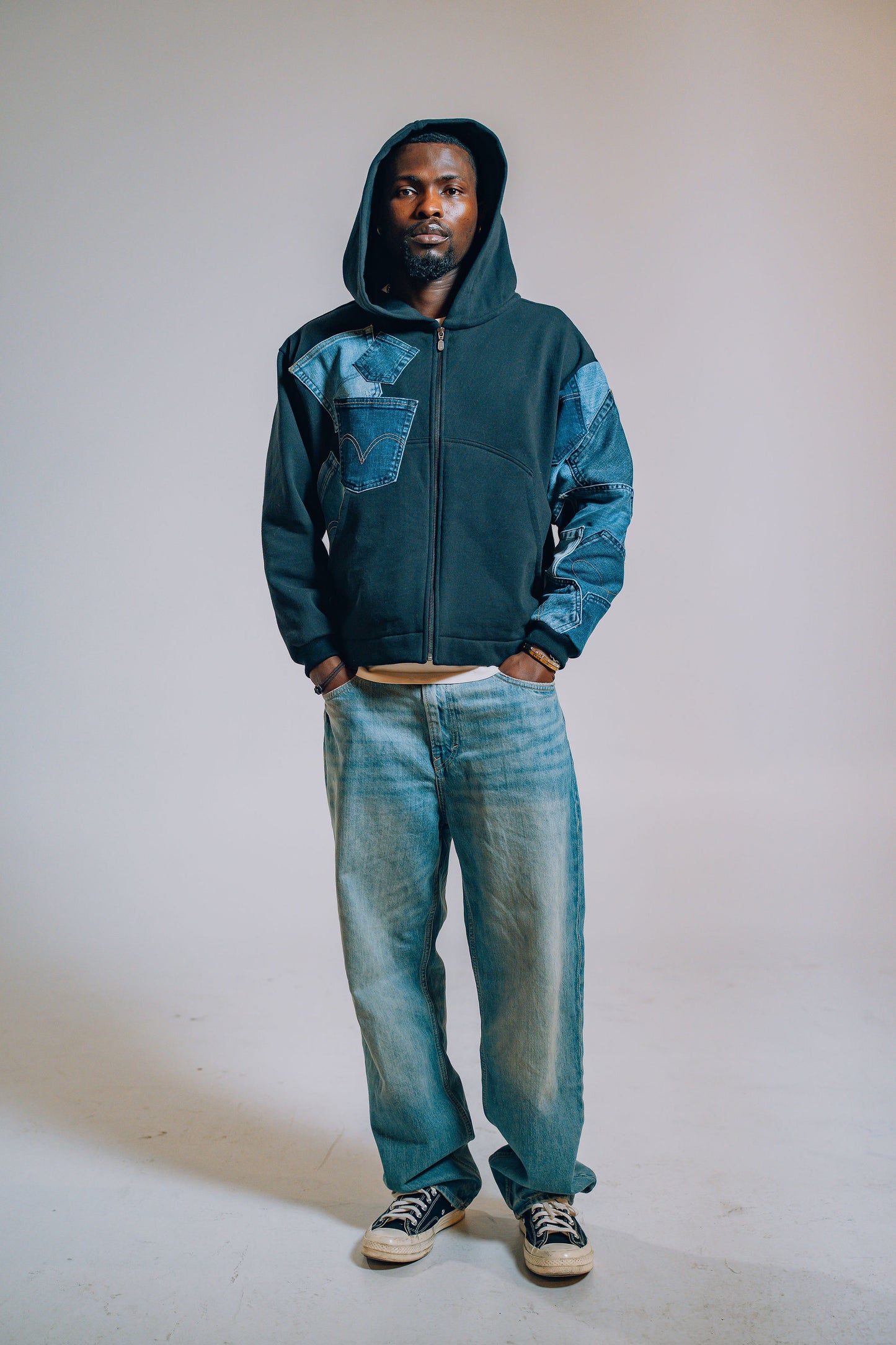 Black & Blue Denim Pockets Sleeve Zip Hoodie