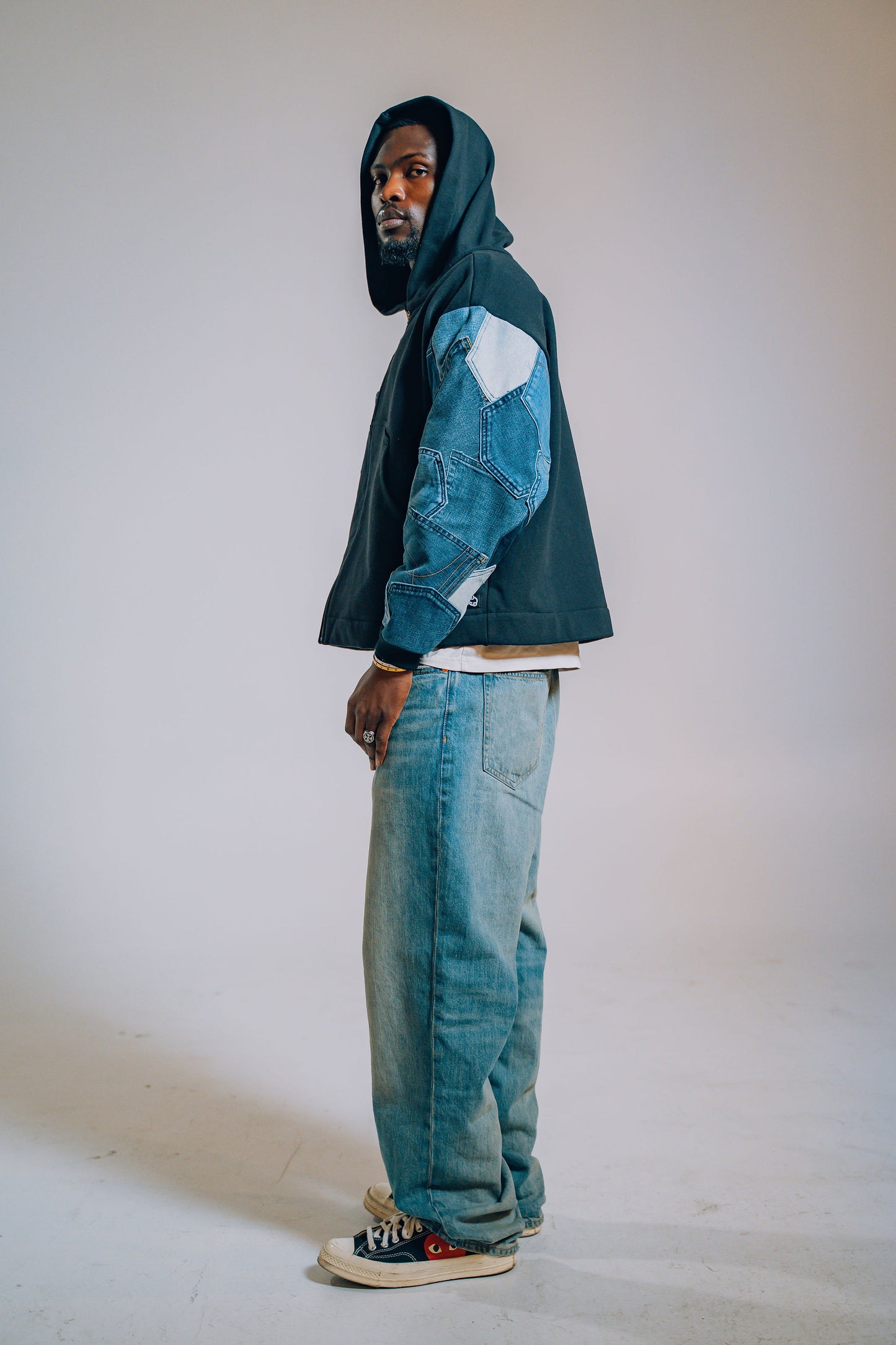 Black & Blue Denim Pockets Sleeve Zip Hoodie
