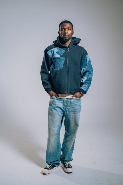 Black & Blue Denim Pockets Sleeve Zip Hoodie