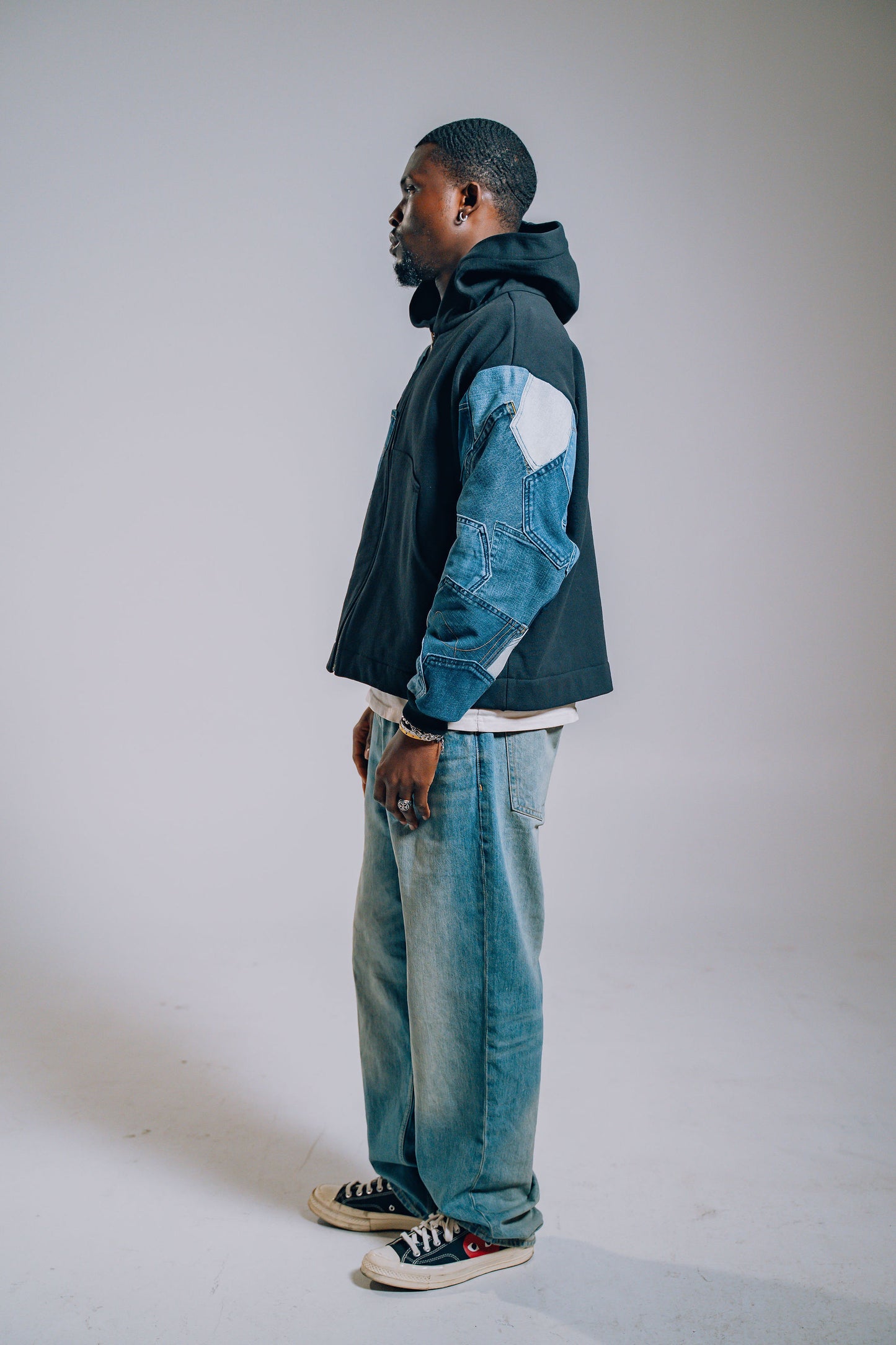 Black & Blue Denim Pockets Sleeve Zip Hoodie
