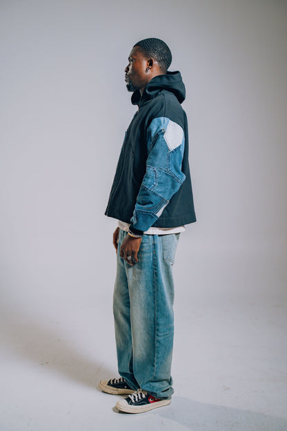 Black & Blue Denim Pockets Sleeve Zip Hoodie