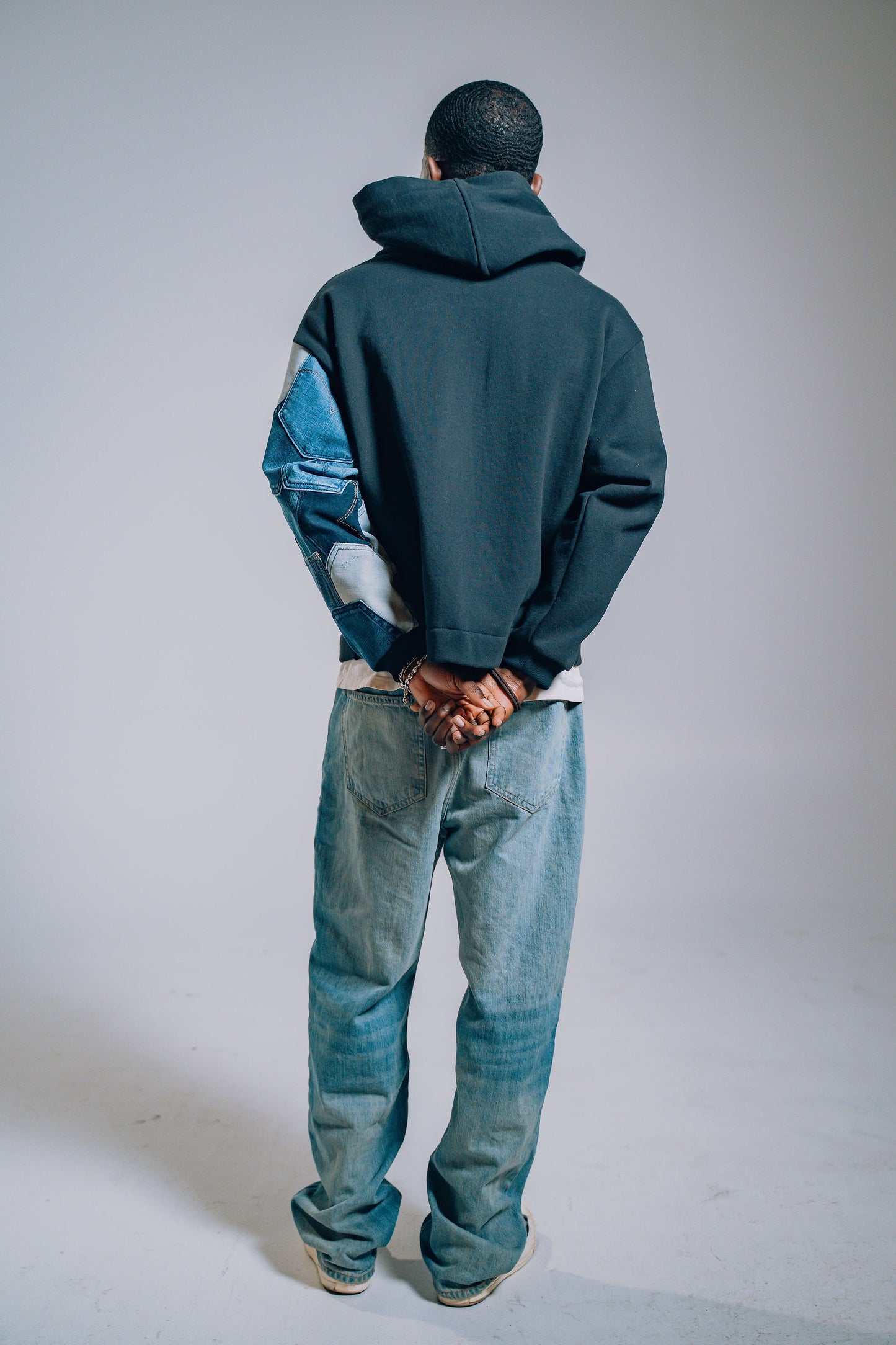 Black & Blue Denim Pockets Sleeve Zip Hoodie