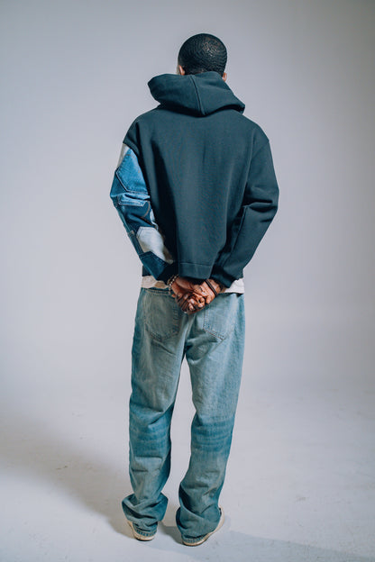 Black & Blue Denim Pockets Sleeve Zip Hoodie