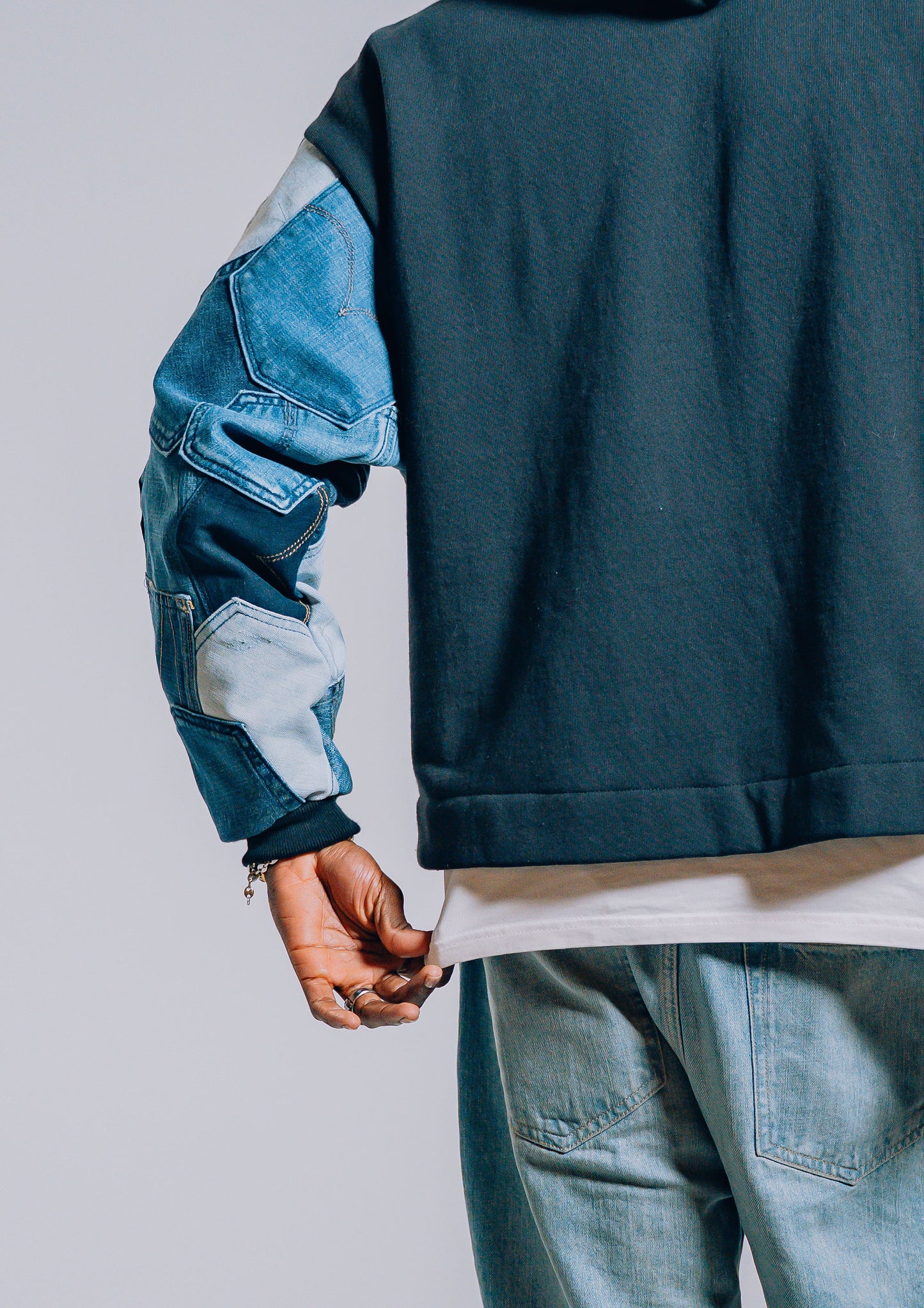Black & Blue Denim Pockets Sleeve Zip Hoodie