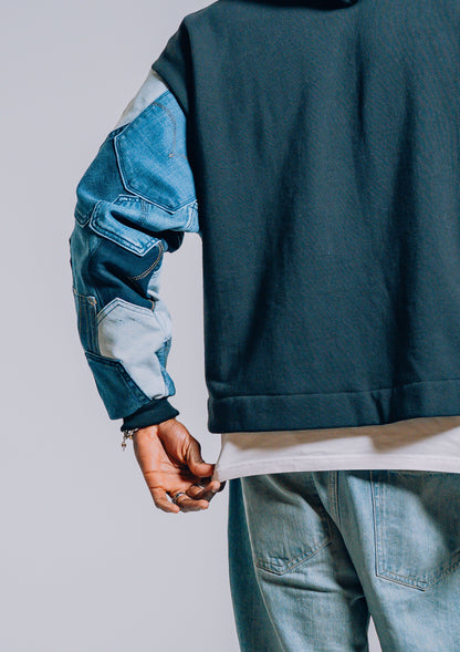 Black & Blue Denim Pockets Sleeve Zip Hoodie