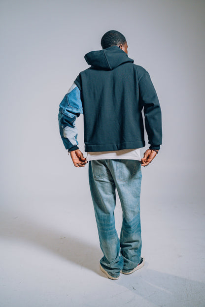 Black & Blue Denim Pockets Sleeve Zip Hoodie