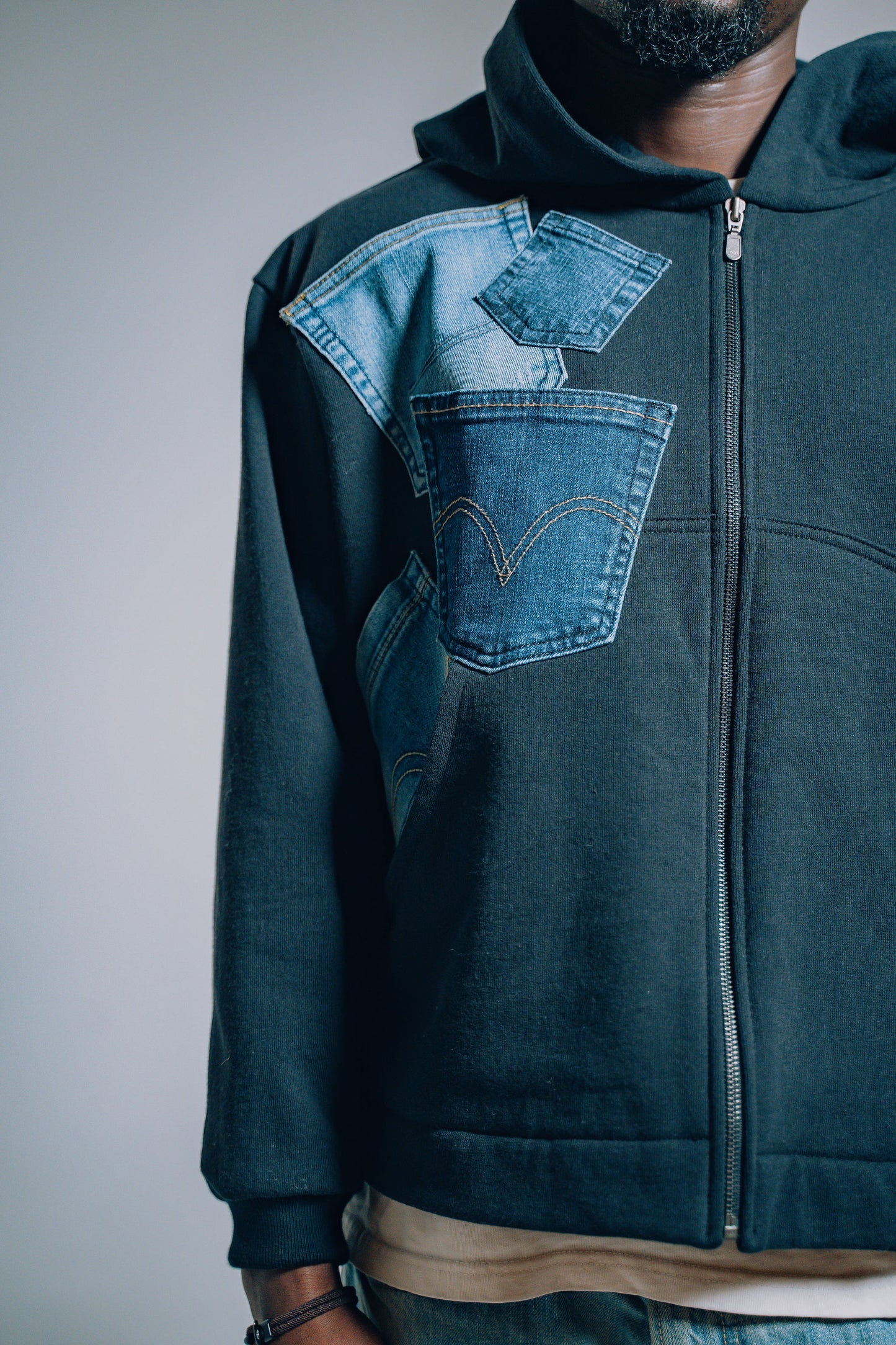 Black & Blue Denim Pockets Sleeve Zip Hoodie
