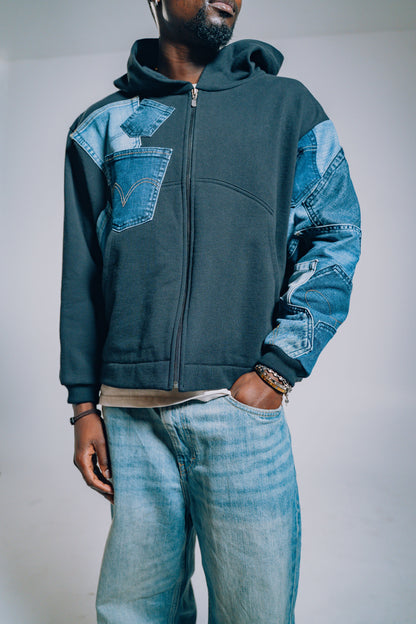 Black & Blue Denim Pockets Sleeve Zip Hoodie