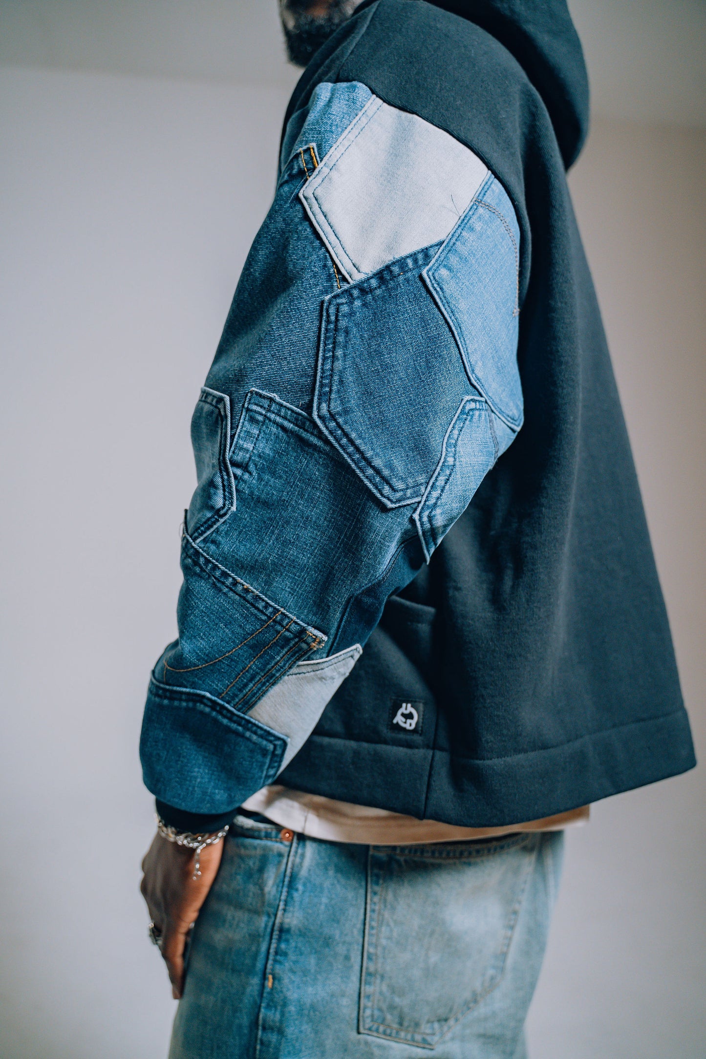 Black & Blue Denim Pockets Sleeve Zip Hoodie