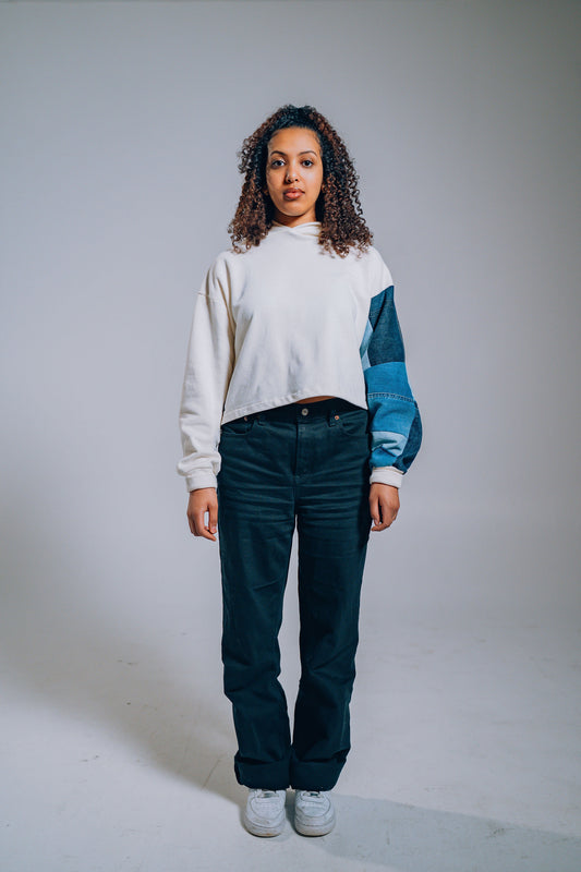 White Patchwork Sleeve Crop Hoodie