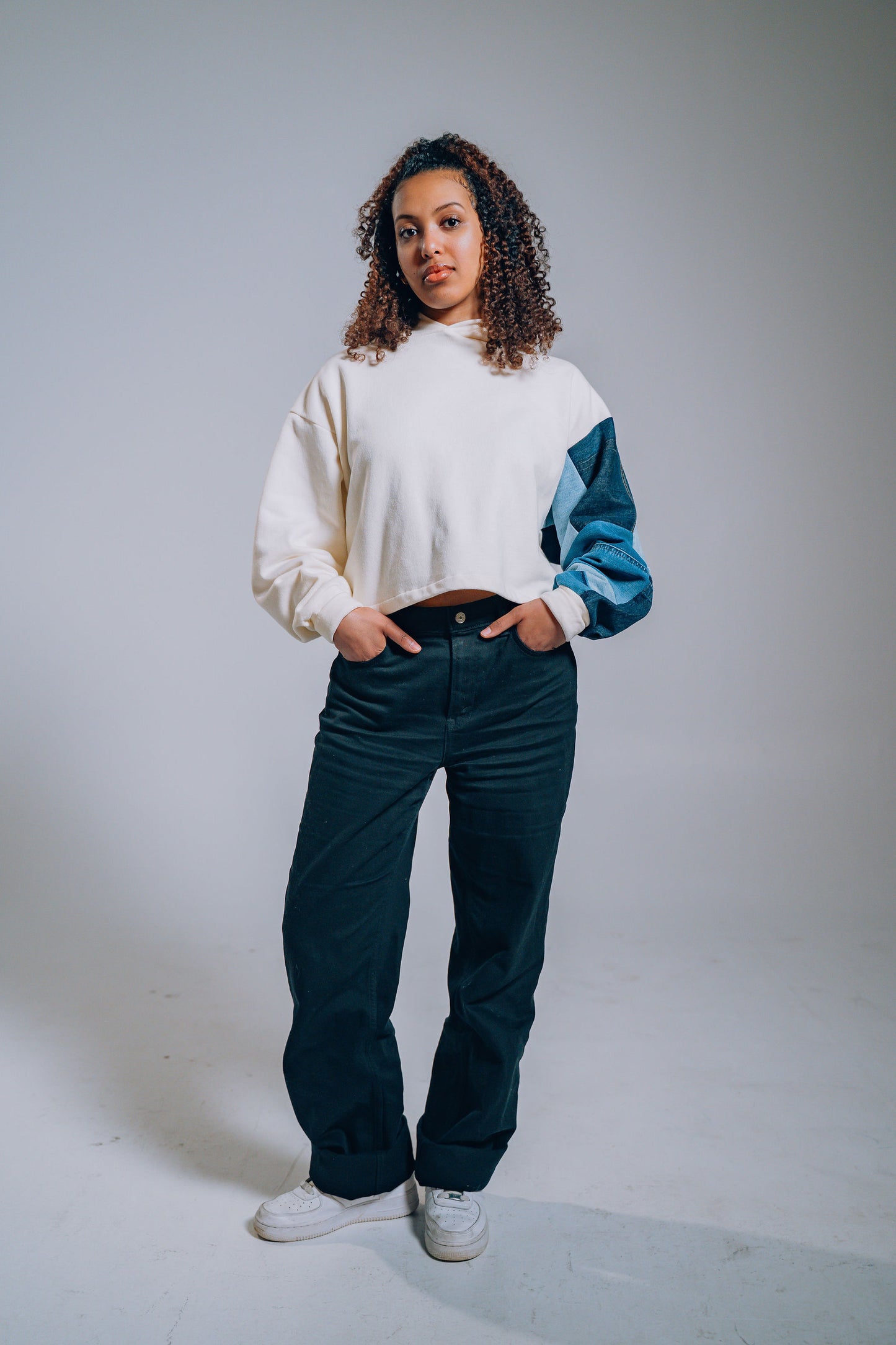 White Patchwork Sleeve Crop Hoodie