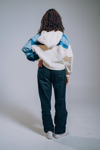 White Patchwork Sleeve Crop Hoodie