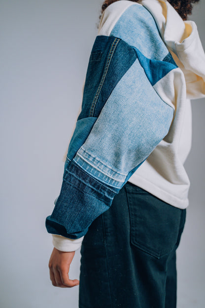 White Patchwork Sleeve Crop Hoodie