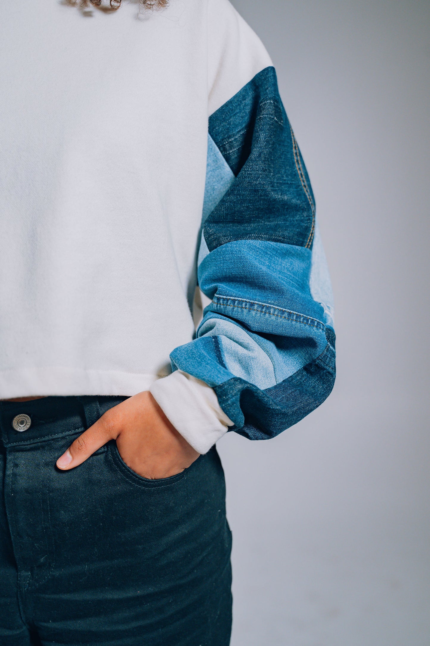 White Patchwork Sleeve Crop Hoodie