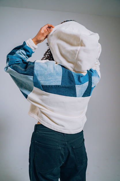 White Patchwork Sleeve Crop Hoodie