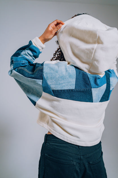 White Patchwork Sleeve Crop Hoodie