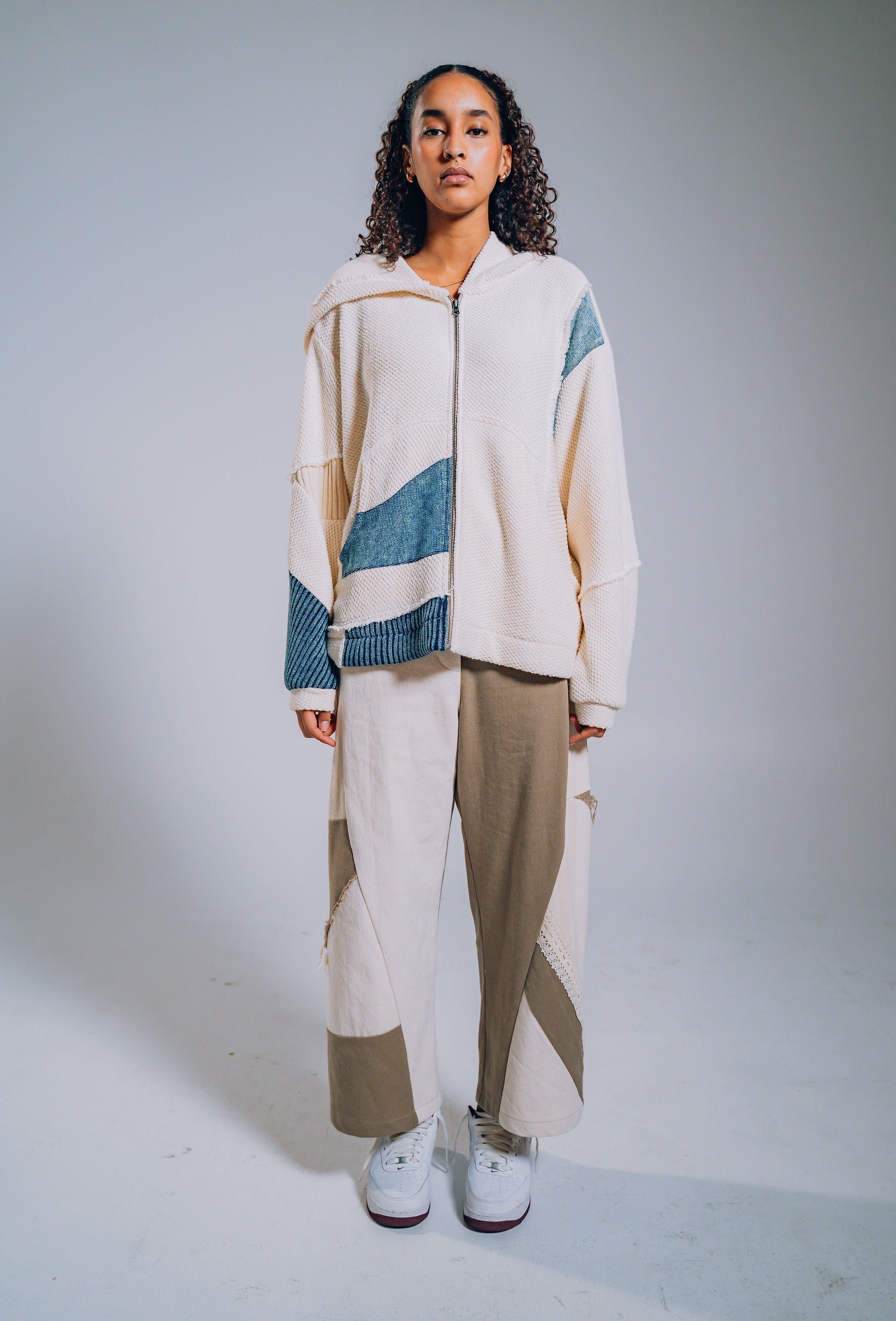 Upcycled Patchwork Zip Hoodie White & Blue Denim | Uni Design Canada