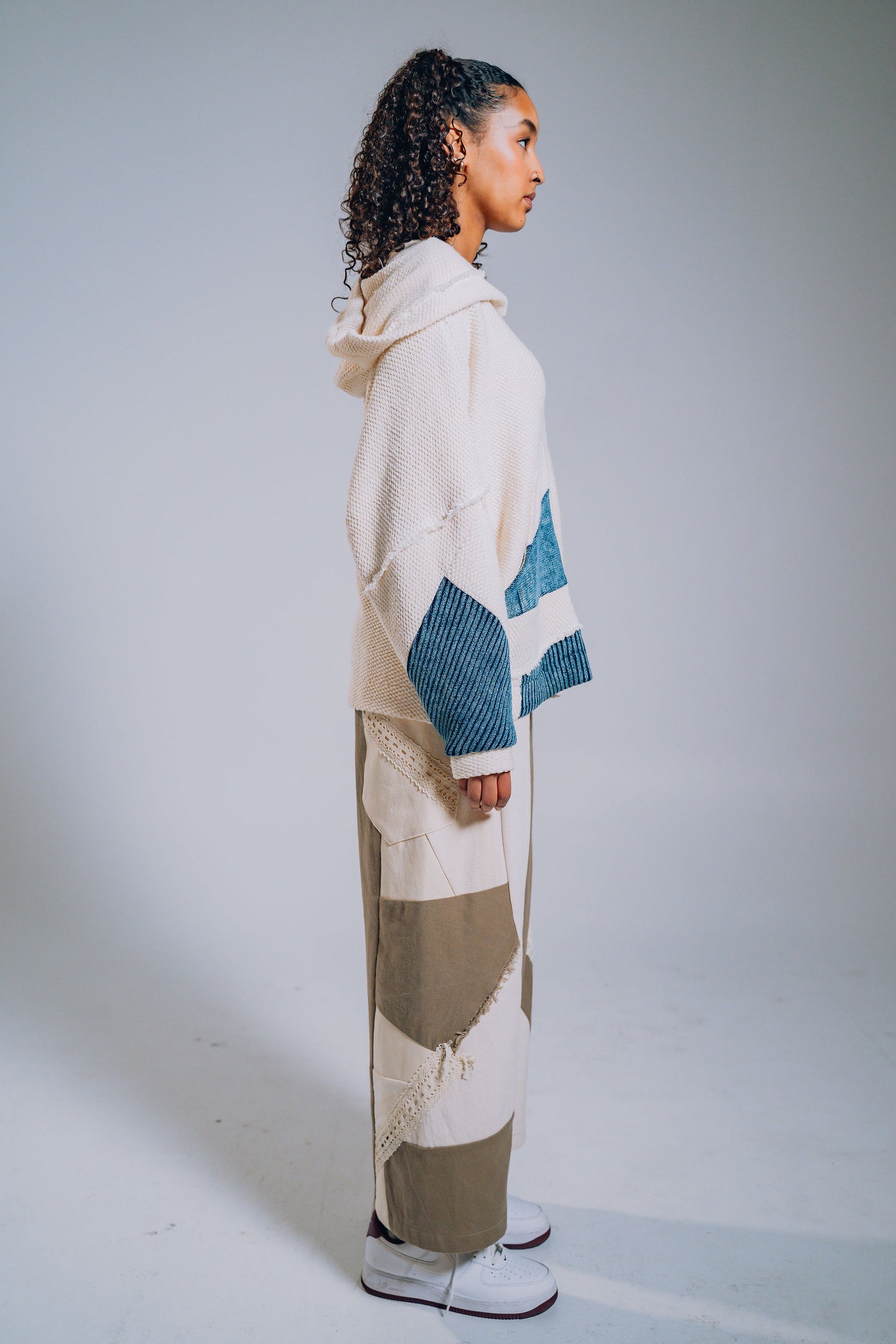 Patchwork Denim Baggy Pant – Brown, White & Lace