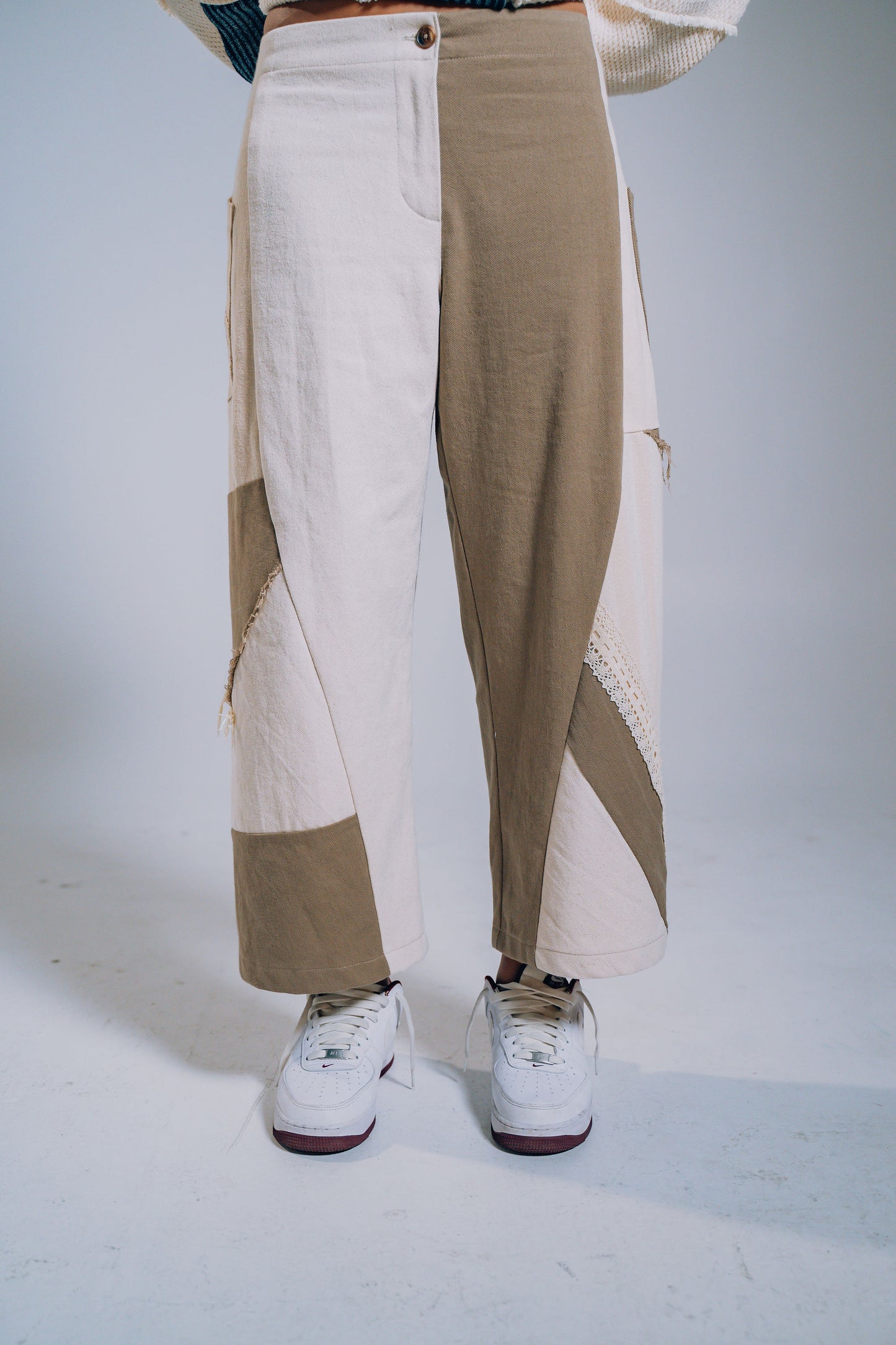 Patchwork Denim Baggy Pant – Brown, White & Lace