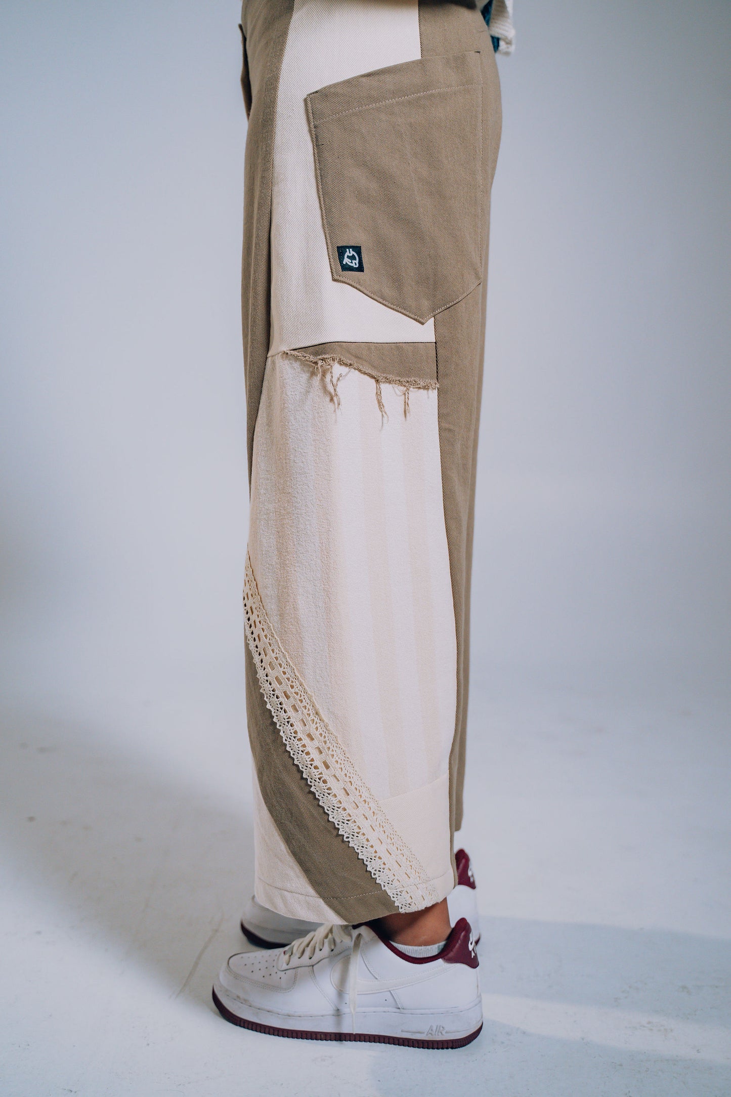 Patchwork Denim Baggy Pant – Brown, White & Lace