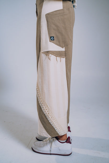 Patchwork Denim Baggy Pant – Brown, White & Lace