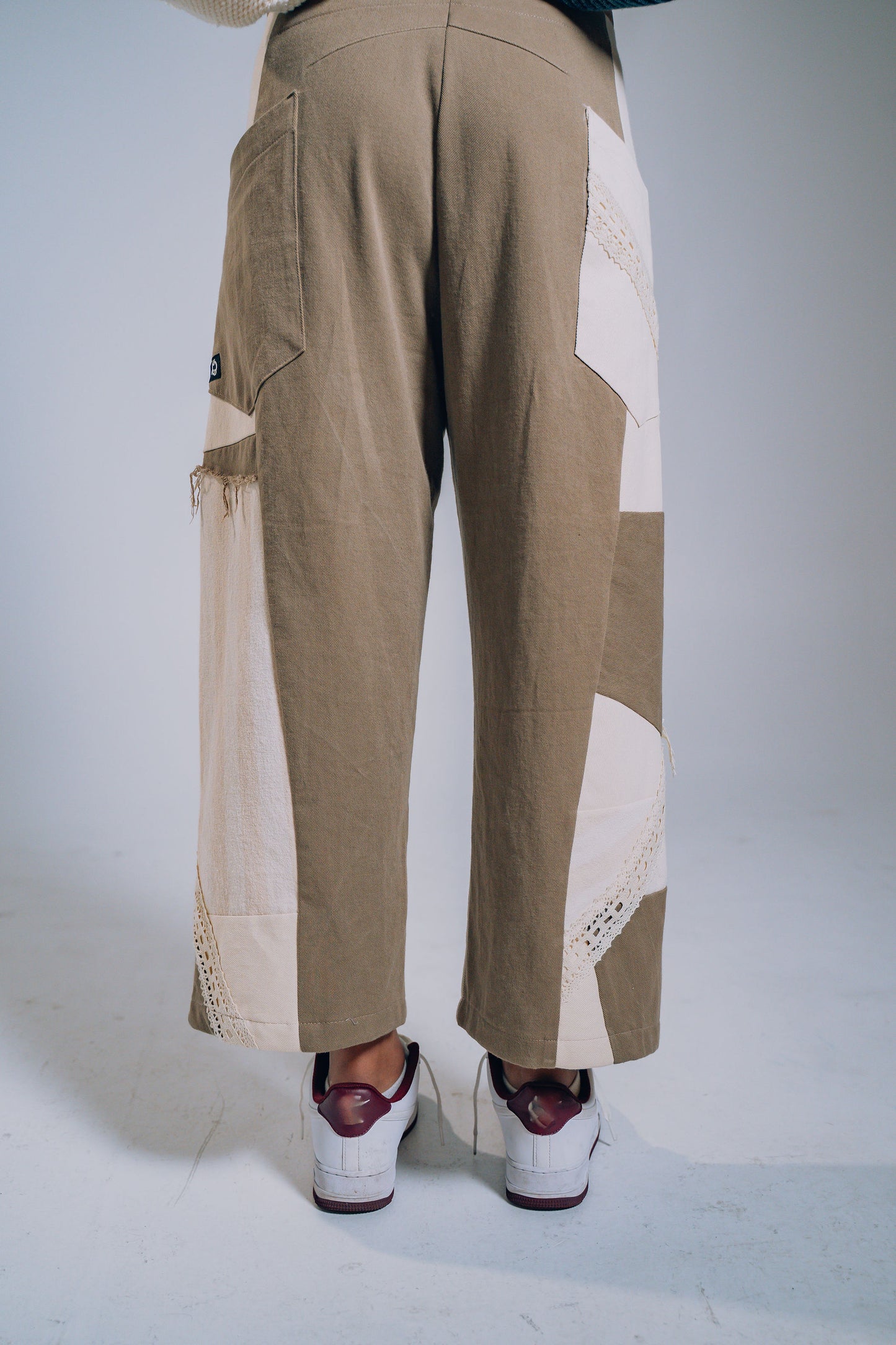 Patchwork Denim Baggy Pant – Brown, White & Lace