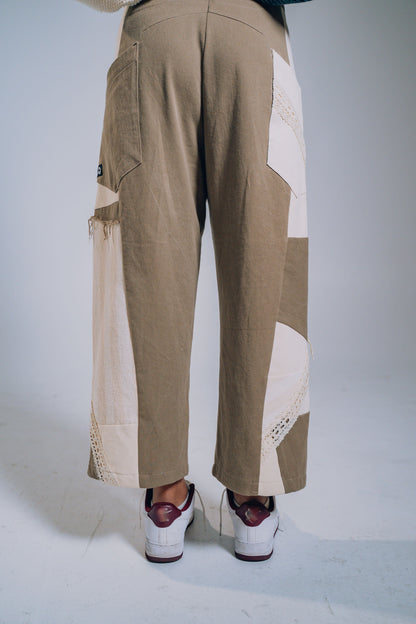 Patchwork Denim Baggy Pant – Brown, White & Lace