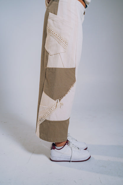 Patchwork Denim Baggy Pant – Brown, White & Lace