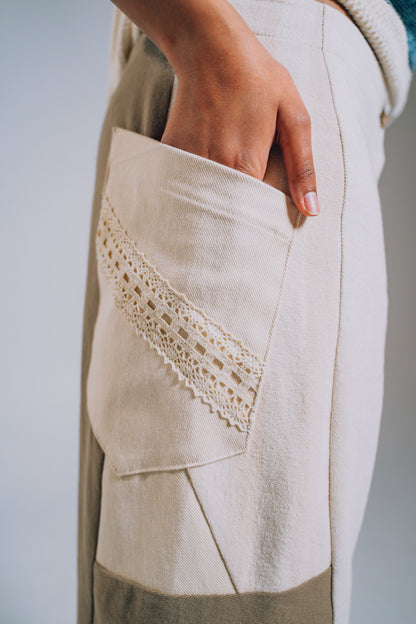 Patchwork Denim Baggy Pant – Brown, White & Lace