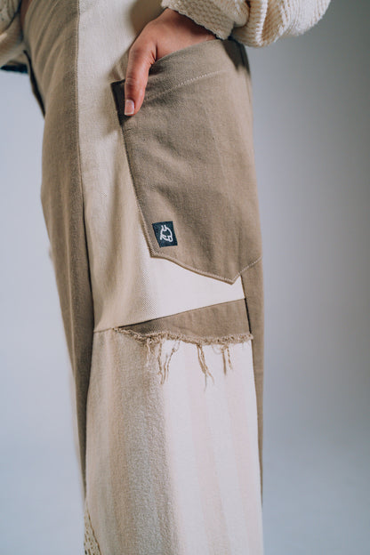 Patchwork Denim Baggy Pant – Brown, White & Lace