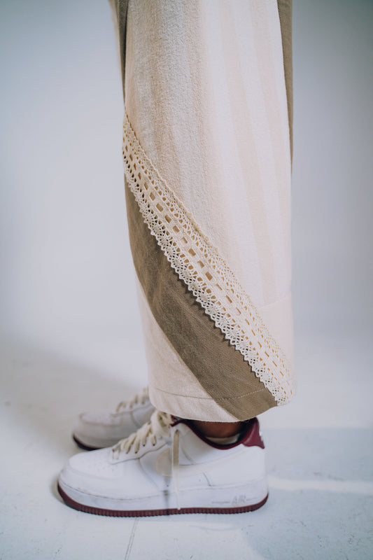 Patchwork Denim Baggy Pant – Brown, White & Lace