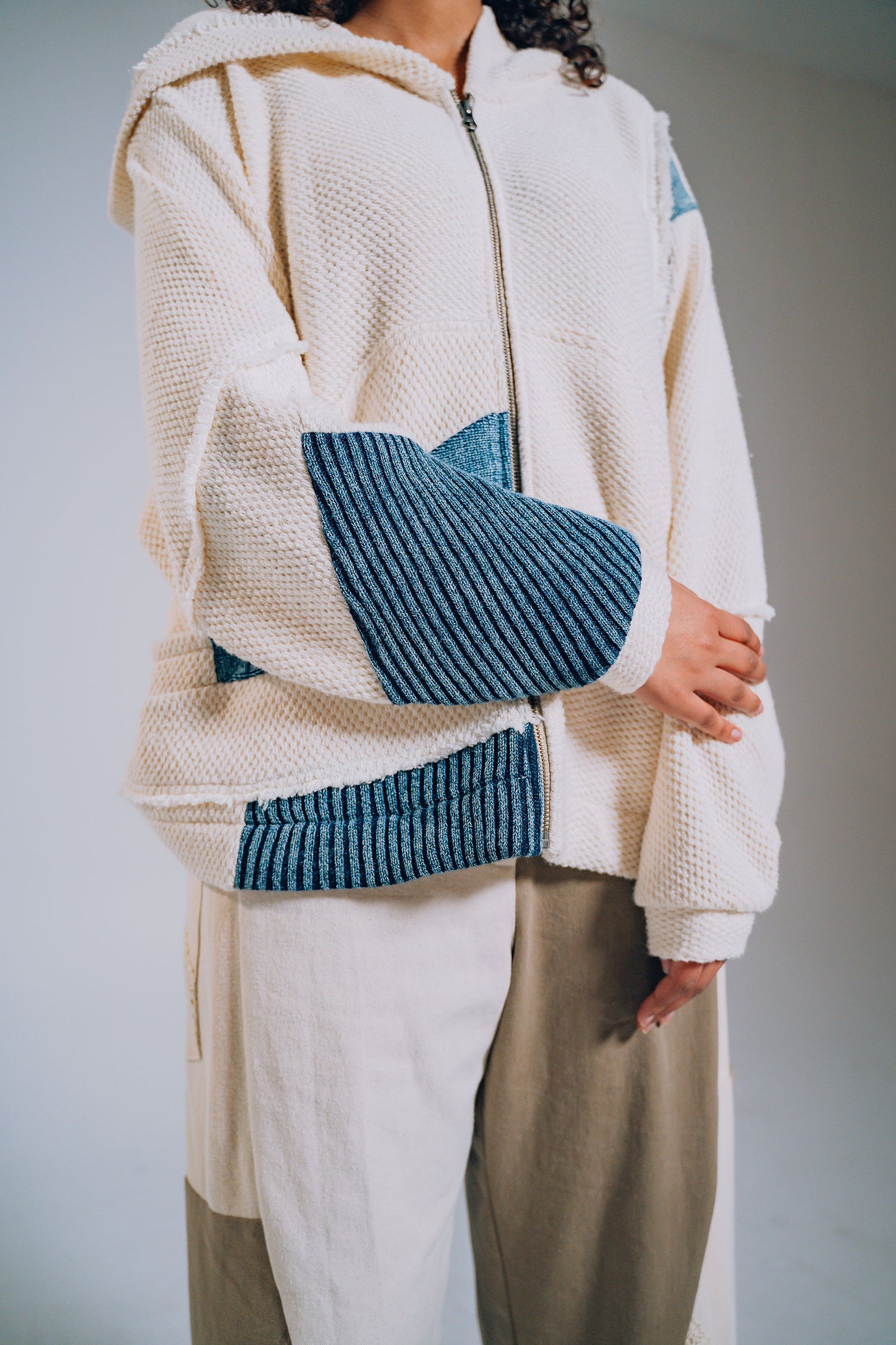 White & Blue Denim Patchwork Zip Hoodie
