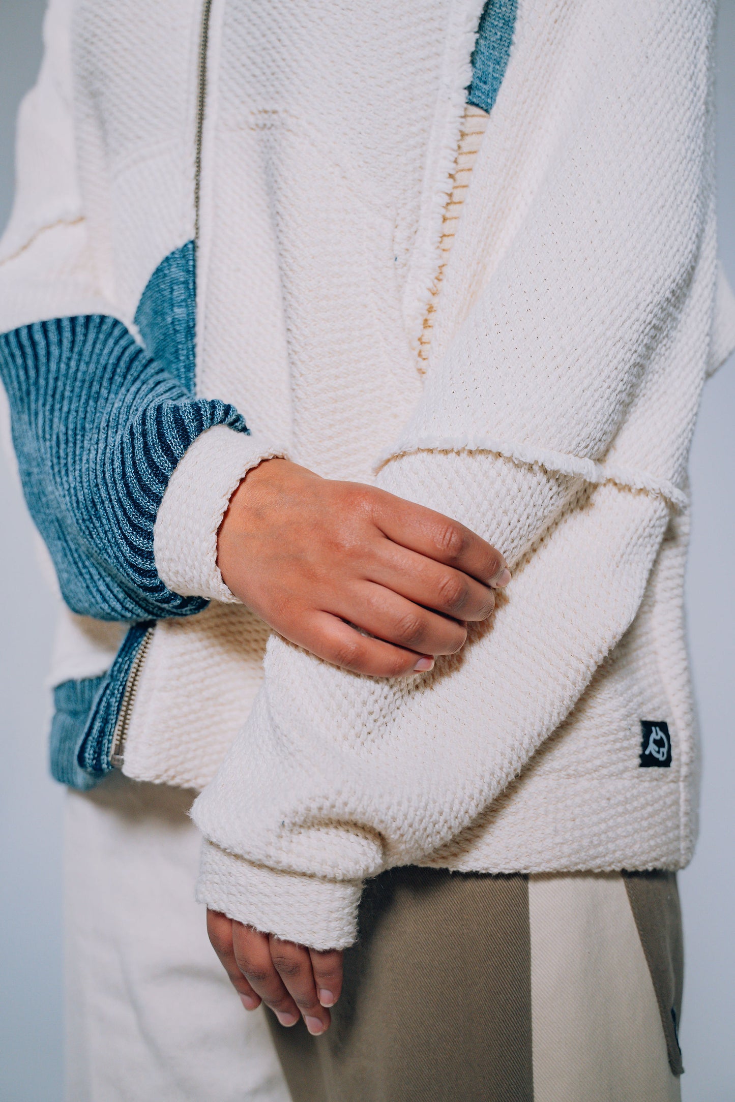 White & Blue Denim Patchwork Zip Hoodie