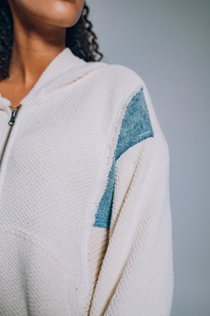 White & Blue Denim Patchwork Zip Hoodie