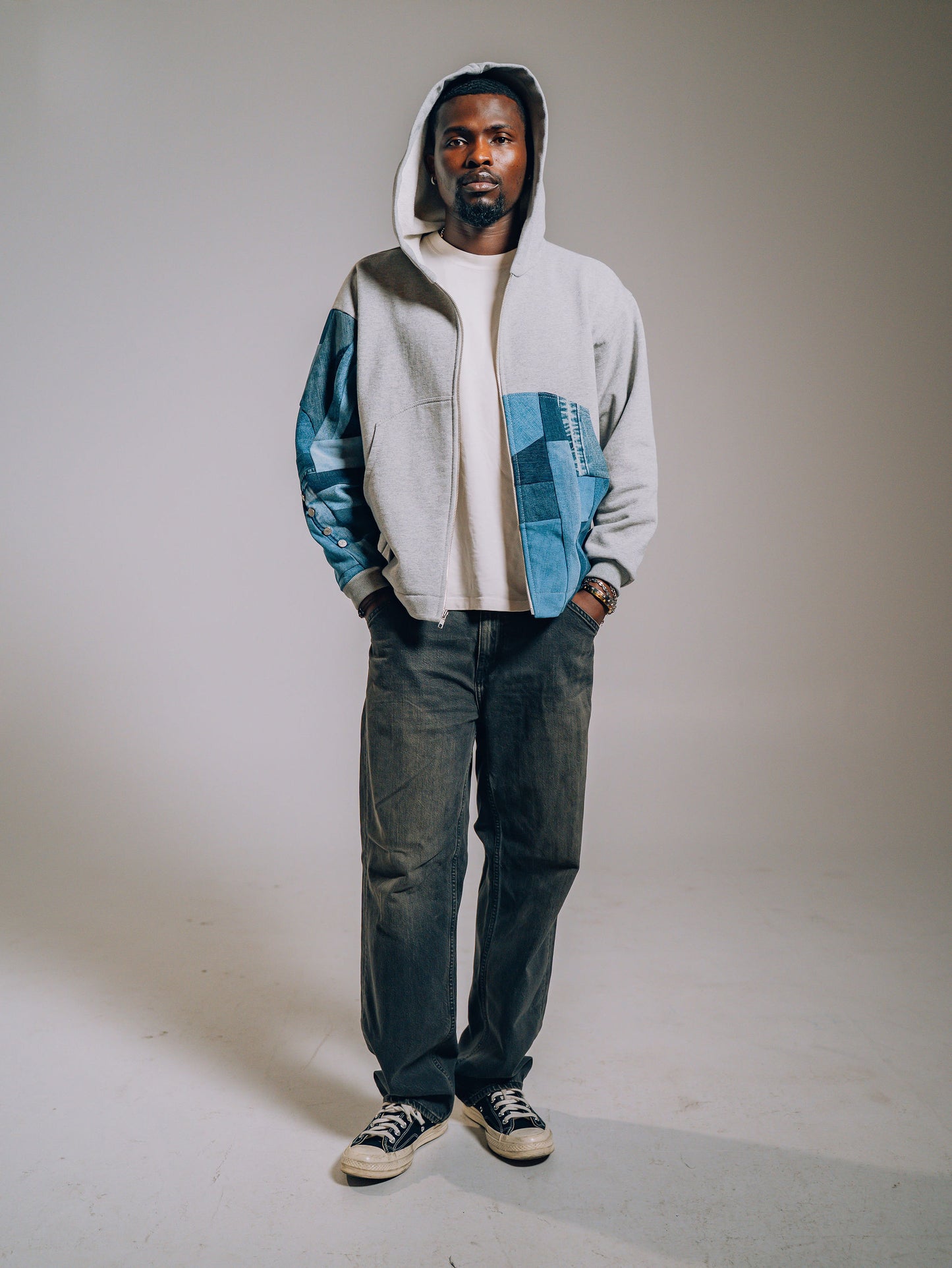 Grey & Blue Denim Patchwork Zip Hoodie M