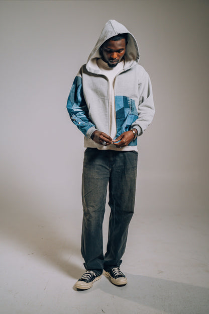 Grey & Blue Denim Patchwork Zip Hoodie M