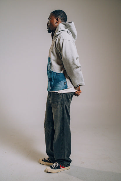 Grey & Blue Denim Patchwork Zip Hoodie M