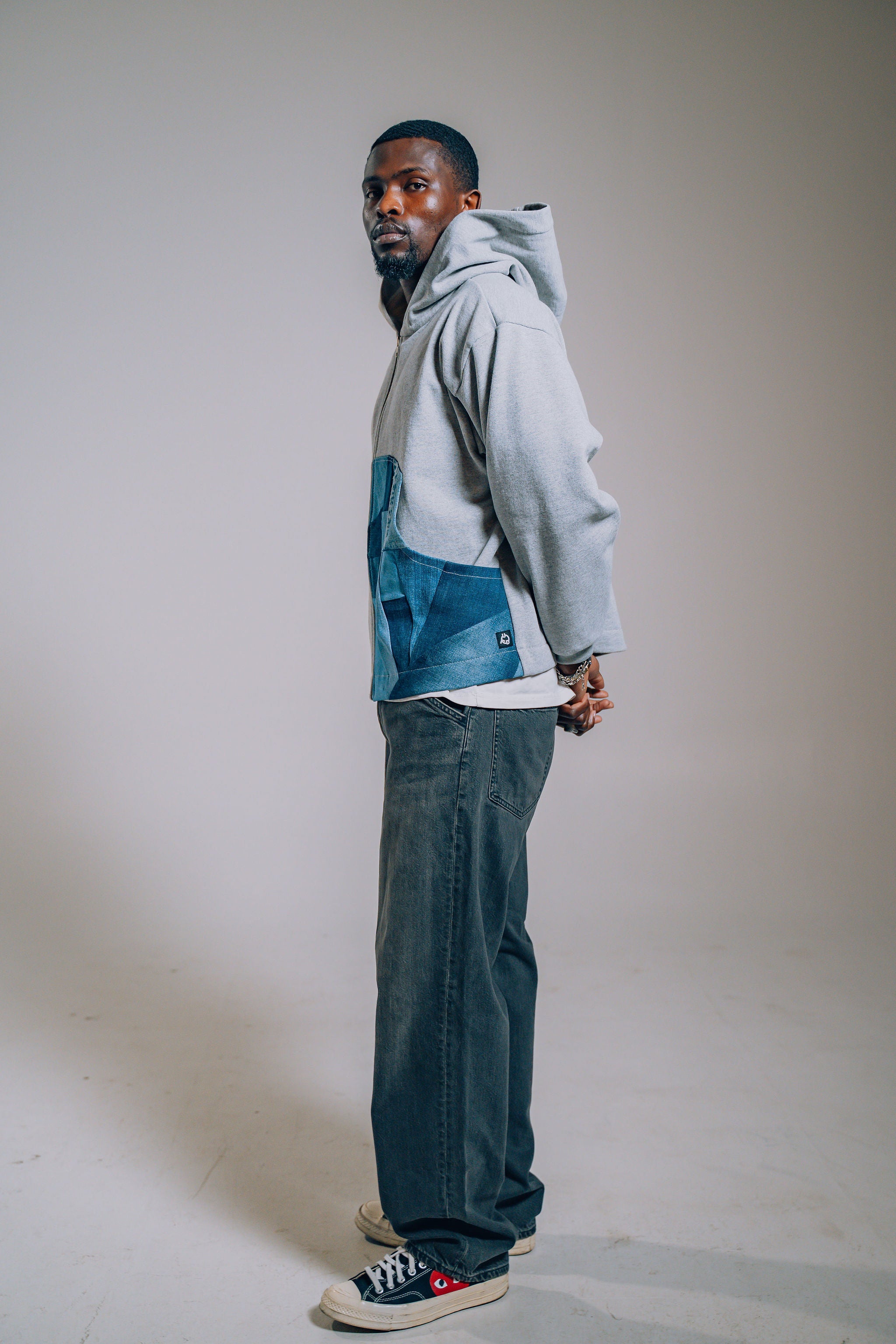 スウェット denim patchwork pullover sweater Upcycled Patchwork Zip Hoodie Grey & Blue Denim | Uni Design Canada