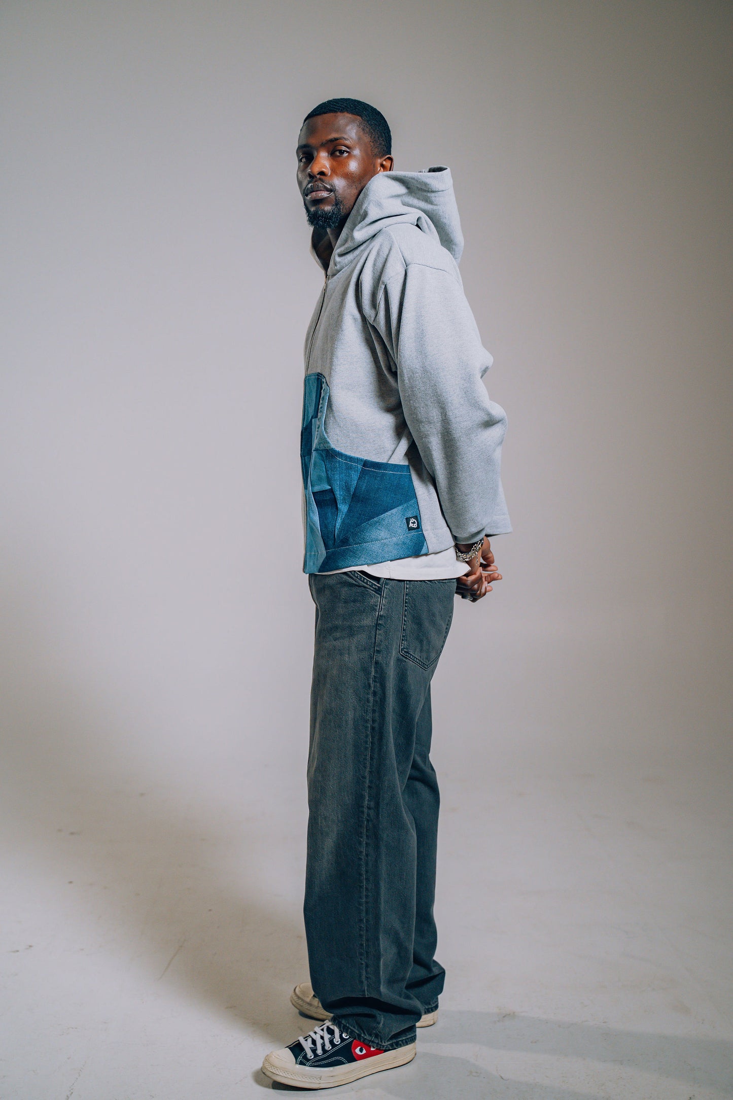 Grey & Blue Denim Patchwork Zip Hoodie M