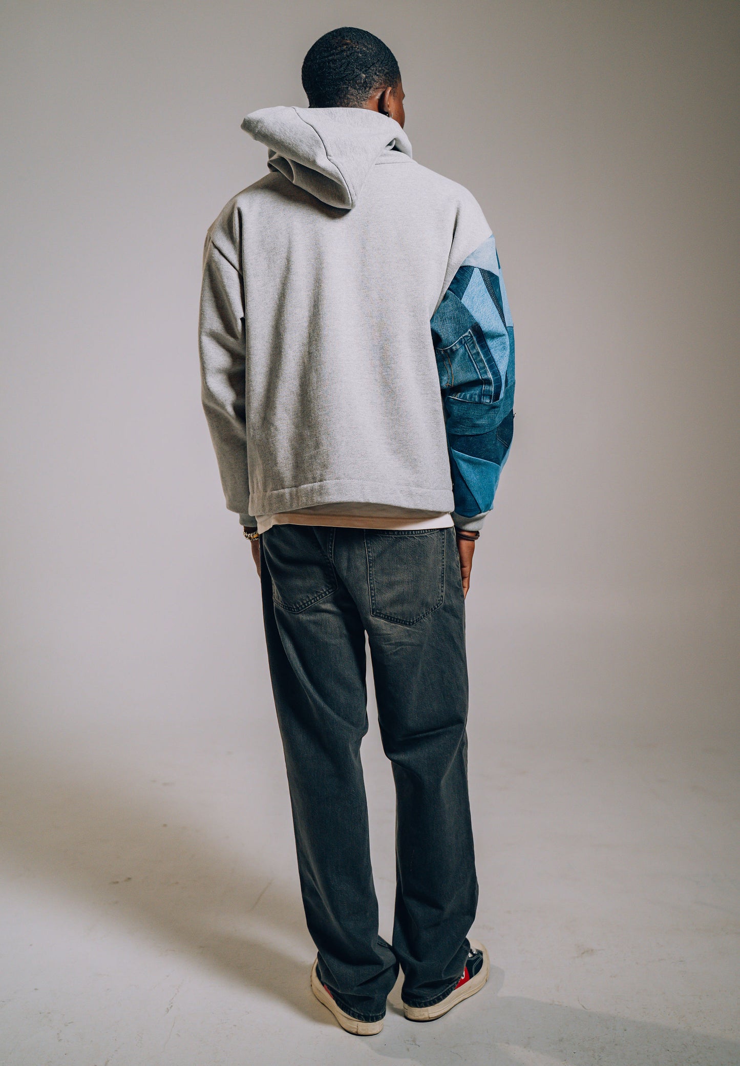 Grey & Blue Denim Patchwork Zip Hoodie M